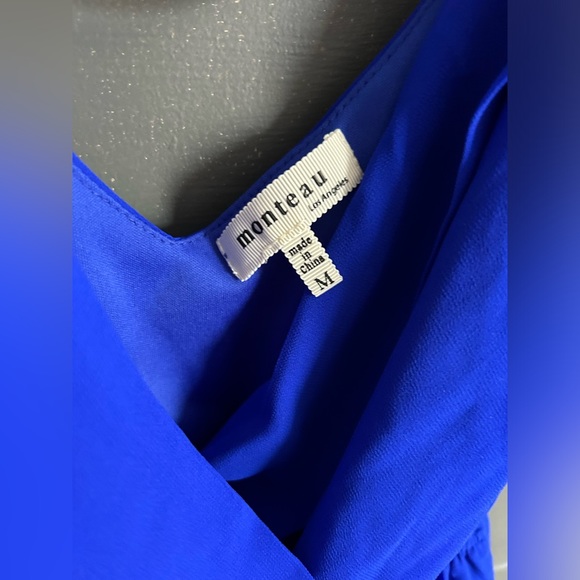 Vibrant royal blue mini dress with faux wrap v neck - Picture 5 of 7